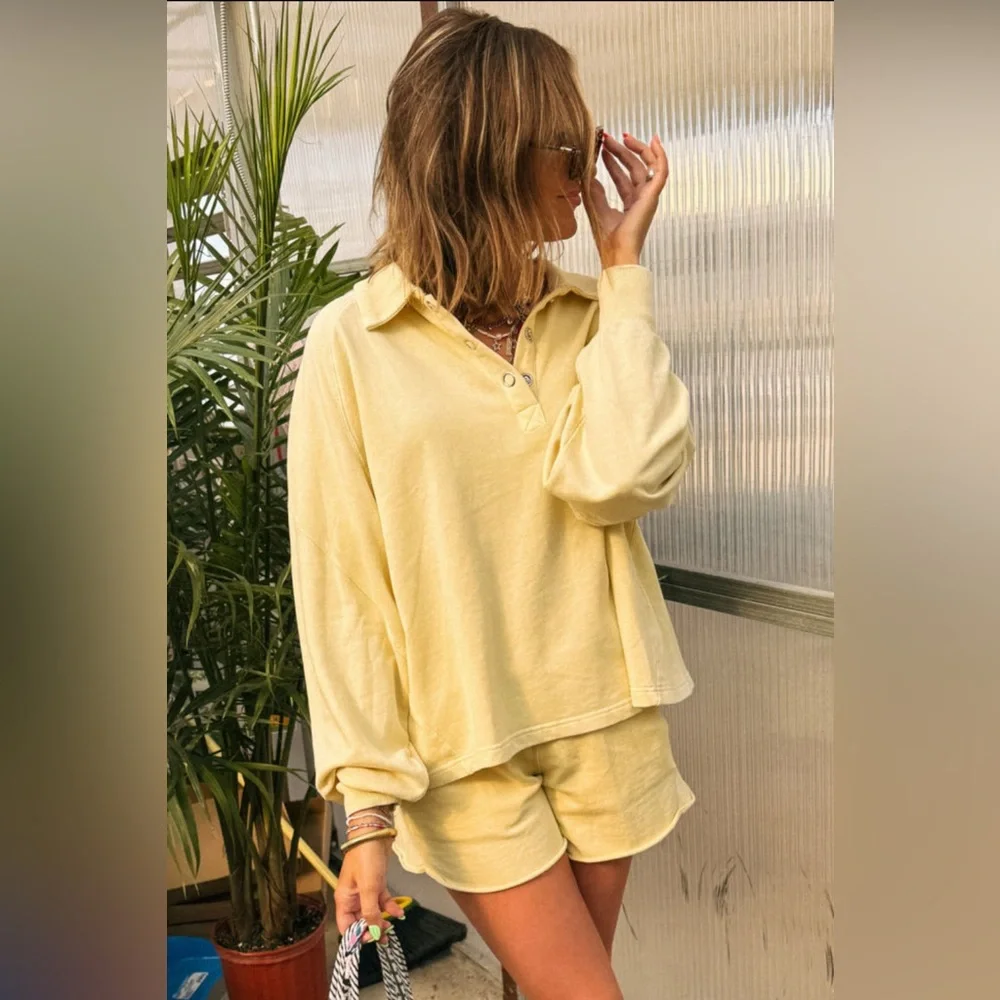 Amanda - Butter Yellow Long Sleeve Button-Up Top and Shorts Set - Picture 1 of 2